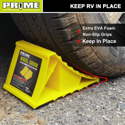 Miniatura 6 de PR1ME - Cuñas de rueda con base antideslizante para RV y remolque. Paquete de 2 calcetas de ruedas resistentes con amarillo brillante. Tapones