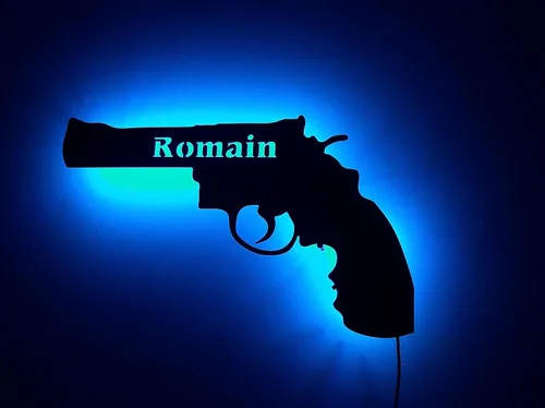 Miniatura 2 de Pistola de 45 calibres con luces LED personalizadas, arte de pared de metal, decoración de nombre de pistola personalizada para colgar
