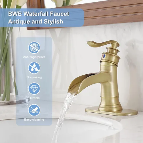 Miniatura 9 de BWE - Grifo de baño antiguo de latón, de un agujero, estilo cascada, con montaje de drenaje emergente y manguera de suministro, grifo rústico