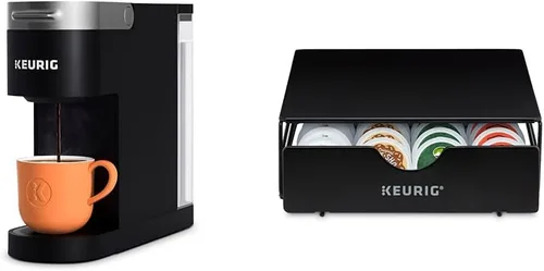 Keurig K- Slim - Cafetera de cápsulas K-Cup de una sola porción, tecnología multistream, cajón de almacenamiento negro y delgado no rodante,