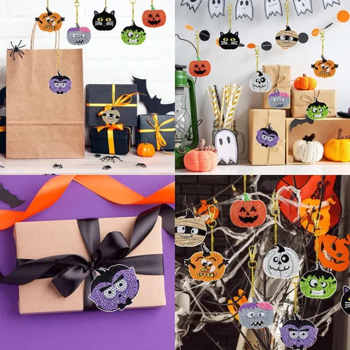 Miniatura 7 de Whaline Kit de llavero de dibujo de diamantes de Halloween, hecho a mano, caricatura, monstruo, vampiro, momia, gato, colgante de dibujo