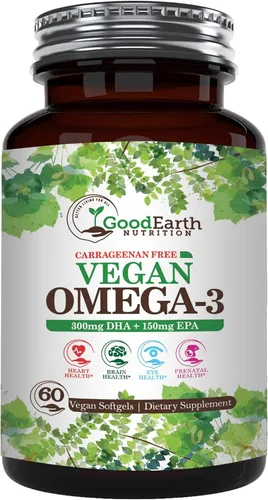 Vegano Omega 3 - Algas DHA/EPA a base de plantas sin carragenano - 60 cápsulas blandas vegetales - Apoya la salud cerebral, cardíaca y prenatal -
