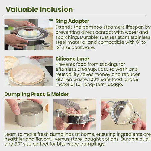 Miniatura 7 de Dumpling - Vaporera de Bambú de 10 Pulgadas, Canasta de Madera de 2 Niveles con Mango, Adaptador de Anillo, Forro de Silicona Reutilizable, Kit