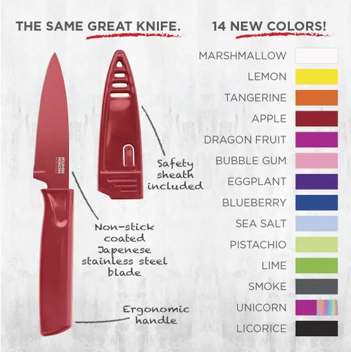 Miniatura 4 de Kuhn Rikon Colori® - Cuchillo de pelar de acero inoxidable japonés de 4 pulgadas, hoja antiadherente, mango ergonómico y funda, color blanco