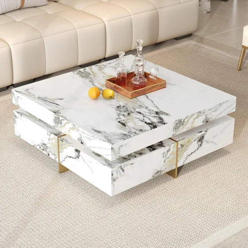 Miniatura 10 de SSLine Moderna mesa de centro cuadrada de color negro y dorado, mesa de centro de cóctel de mármol sintético de lujo con 4 cajones