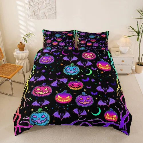 Miniatura 30 de Juego de ropa de cama de Halloween, funda de edredón gótica de murciélagos negros con telarañas, funda de edredón individual, diseño de arañas