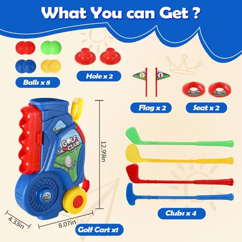 Miniatura 9 de SUPER JOY Juego de golf para niños pequeños, carrito de golf para niños con 4 palos y 8 pelotas, palos de golf para interiores y exteriores, palos