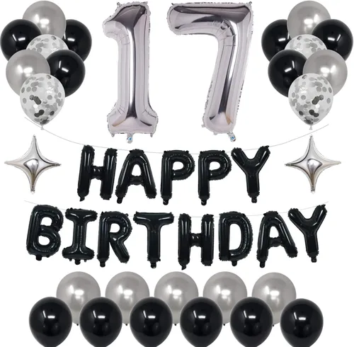 Miniatura 27 de Decoraciones de fiesta de cumpleaños color negro y plateado para niños y niñas, suministros de fiesta de cumpleaños número 14 con pancarta negra