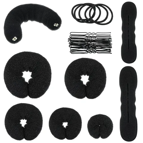Yinder Juego de 34 piezas para hacer moños en forma de dona, incluye moldes de dona negra, esponjas de espuma de esponja pequeñas y grandes, bandas