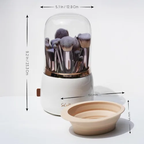 Miniatura 6 de Soporte giratorio para brochas de maquillaje con tapa, organizador de tocador a prueba de polvo para brochas de maquillaje, cuenco limpiador
