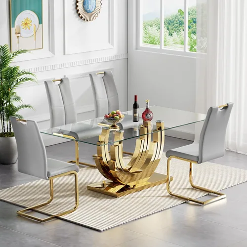 Miniatura 19 de Juego de mesa de comedor de cristal dorado moderno de 70 pulgadas para 4, juego de mesa rectangular de 5 piezas con base de acero en forma de anillo