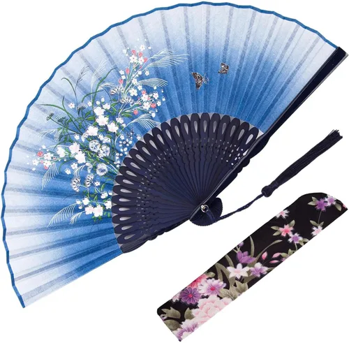 Miniatura 10 de JOHOUSE Abanico de mano plegable de tela negra con borla y funda – Elegante abanico plegable de mano para mujeres, abanicos de boda para invitados