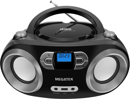 MEGATEK Boombox reproductor de CD portátil con radio FM, Bluetooth y puerto USB, sonido estéreo claro, compatible con CD-R/RW y MP3, entrada