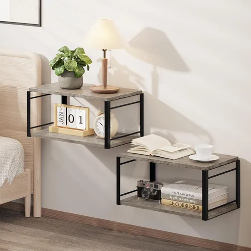 Miniatura 10 de Mesita de Noche Flotante Estante de Pared, Estante de Cabecera de Madera Mesita de Noche Montada en Pared Juego de 2, Mesa de Cabecera Flotante