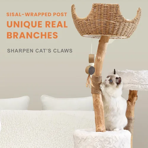 Miniatura 3 de PEGIC - Torre para gatos de ramas naturales de 44 pulgadas, árbol alto de varios niveles para gatos Plataformas cortas de felpa, nido de mimbre