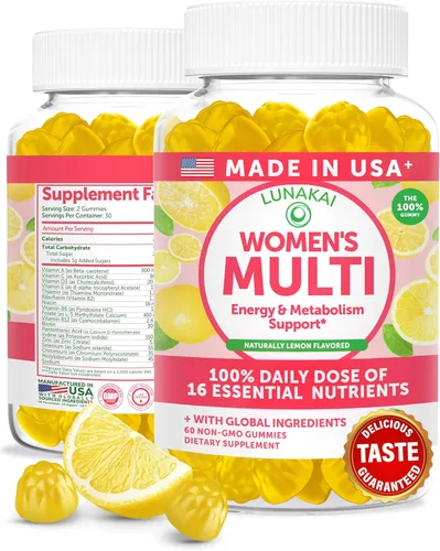 Lunakai Gomitas multivitamínicas hechas en Estados Unidos para mujer, deliciosas vitaminas diarias 16 para mujeres, bienestar, energía y apoyo