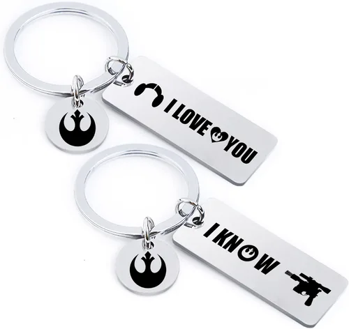 Cualque Llavero de estrella con texto en inglés I Love You I Know 2 unidades llavero de Han y Leia Wars juego de regalos para parejas para novios y