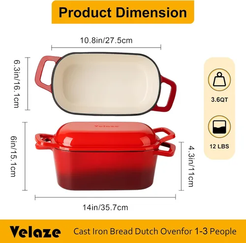 Miniatura 2 de Velaze 3.6QT Horno holandés para hornear pan, olla ovalada de hierro fundido esmaltada con tapa y asas desplazadas, apta para horno hasta 500°F