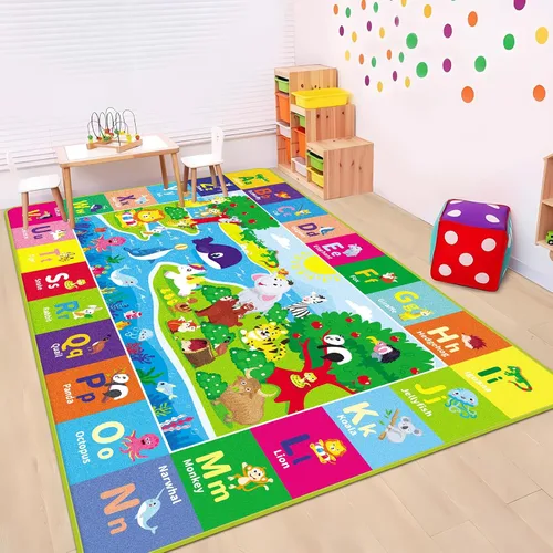 Miniatura 3 de Alfombra infantil de 5 x 7 pies para sala de juegos, alfombra de juegos con ABC y animales, alfombra antideslizante súper suave para suelo, tapete