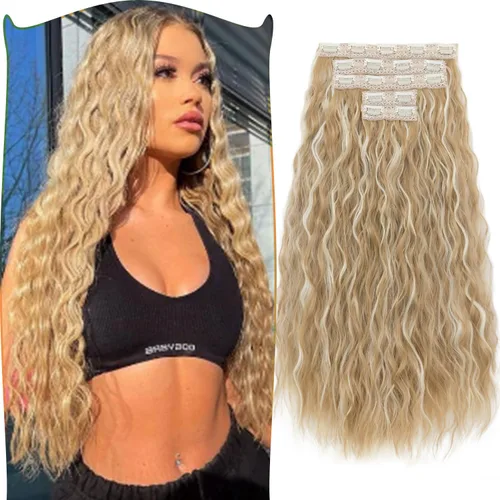 Miniatura 11 de S-noilite Extensiones de cabello sintético con clip de 24 pulgadas, 5 unidades, ondas sueltas, extensiones de cabello sintético grueso y natural