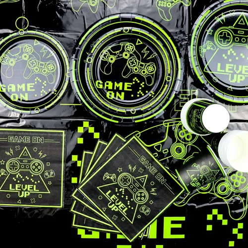 Miniatura 3 de Decoraciones de Fiesta de Videojuegos - 81 Piezas Decoraciones de Cumpleaños Gaming Verdes Incluye Platos Game On, Servilletas, Mantel para Niños
