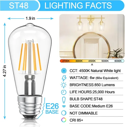 Miniatura 6 de Ralbay Bombillas LED Edison ST48 vintage equivalentes a 60 vatios, paquete de 6, luz blanca natural brillante de 4500 K, bombillas de filamento LED