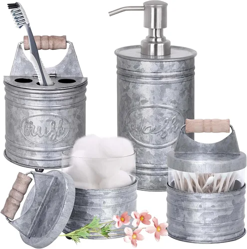 Miniatura 9 de Autumn Alley Juego de 4 accesorios de baño de oro antiguo, dispensador de jabón de granja, soporte para cepillo de dientes, 2 frascos de boticario