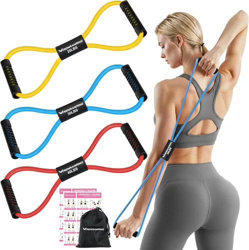 Miniatura 12 de RENRANRING Bandas de Resistencia de Fitness en Forma de 8 con Asas - Juego de 3 Bandas de Tubo de Ejercicio para Estiramiento de Brazos y Hombros
