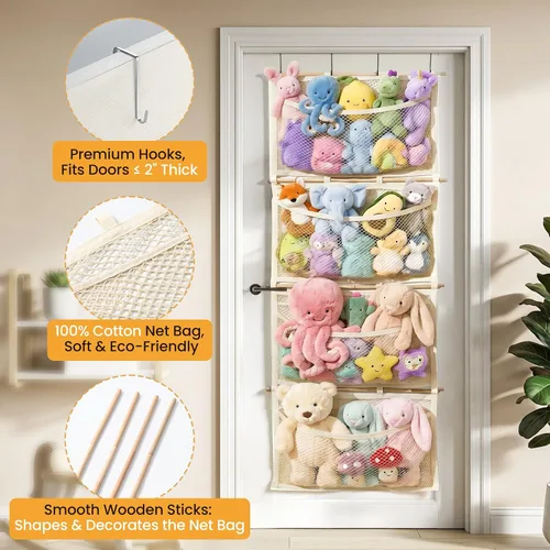 Miniatura 3 de Almacenamiento de animales de peluche de gran capacidad con gancho de metal y palo de madera, organizador de juguetes de peluche colgante, hamaca