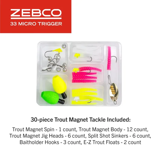 Miniatura 7 de Zebco 33 Micro Trigger Spincast carrete y caña de pescar, 6 pies 6 pulgadas, 2 piezas telescópica de 2 piezas, carrete tamaño 10, aparejos