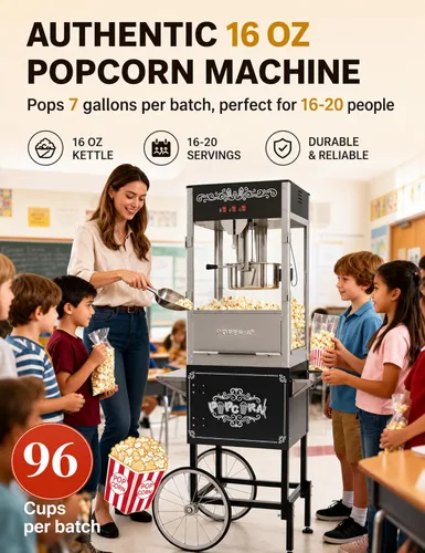 Miniatura 4 de Máquina comercial de palomitas de maíz con carro, auténtica máquina para hacer palomitas de maíz de 16 onzas con plataforma de calentamiento, Negro