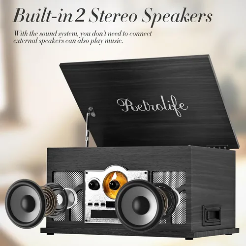 Miniatura 5 de Tocadiscos 10 en 1 con altavoces incorporados, reproducción inalámbrica, reproductor de CD y cassette, reproductor USB, radio AM/FM, tocadiscos de 3