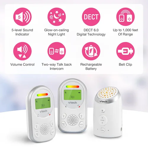Miniatura 2 de VTech Monitor de audio digital para bebés con 2 unidades para padres, luz nocturna que brilla en el techo, hasta 1,000 pies de alcance, alerta