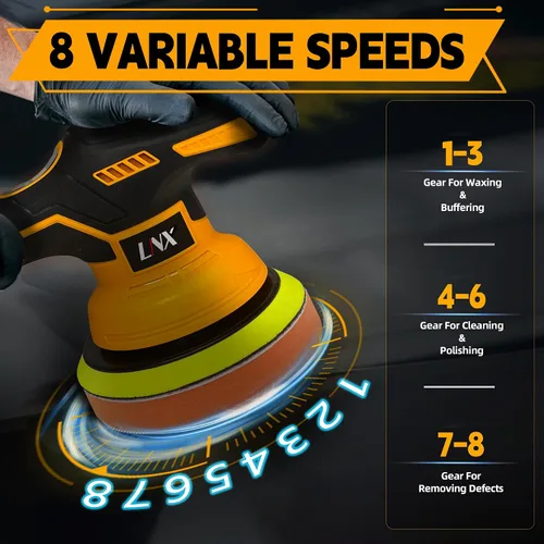 Miniatura 3 de Pulidora de búfer inalámbrica para batería Dewalt de 20V, pulidora de coche de 6 pulgadas con 8 velocidades variables, kit de amortiguadores
