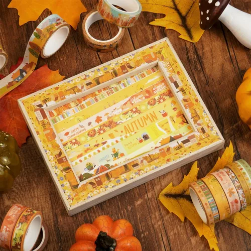 Miniatura 9 de Juego de 18 rollos de cinta Washi de otoño, adornos estampados de otoño, cintas adhesivas decorativas amarillas para artes, manualidades, diarios