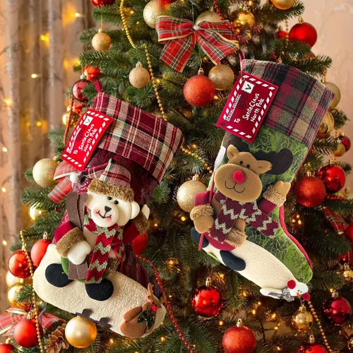 Miniatura 4 de Medias de Navidad a cuadros de 21 pulgadas, ciervos, osos, animales de una pieza, fieltro de felpa grande, diseño de reno 3D, muñeco de nieve