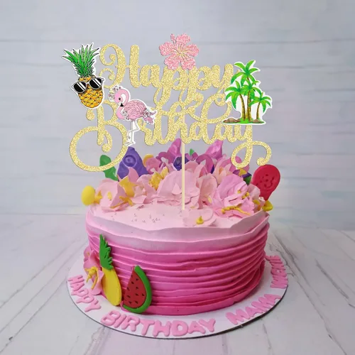 Miniatura 4 de Gyufise 1 pieza de decoración de pastel de feliz cumpleaños tropical hawaiano Luau pastel Pick Glitter Flamingo Flower Plam Leave Pineapple Cake