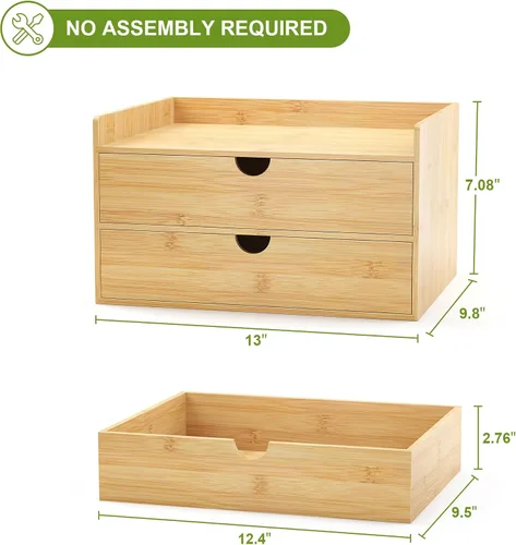Miniatura 3 de Organizador de cajones de escritorio de bambú, organizador de escritorio grande con cajones, caja de organización de almacenamiento de mesa para 2