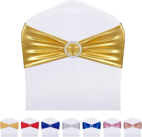 Miniatura 10 de LEBENGURU Bandas para silla de elastano doradas, 30 lazos elásticos de alta calidad con deslizadores para decoración de banquete de boda, fiesta