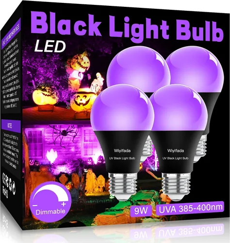 Miniatura 8 de Paquete de 2 bombillas LED negras, A19 de 9 W, luz negra UV que reemplaza hasta 100 W, 120 V, base E26, nivel UVA 385-400 nm, brilla en la oscuridad