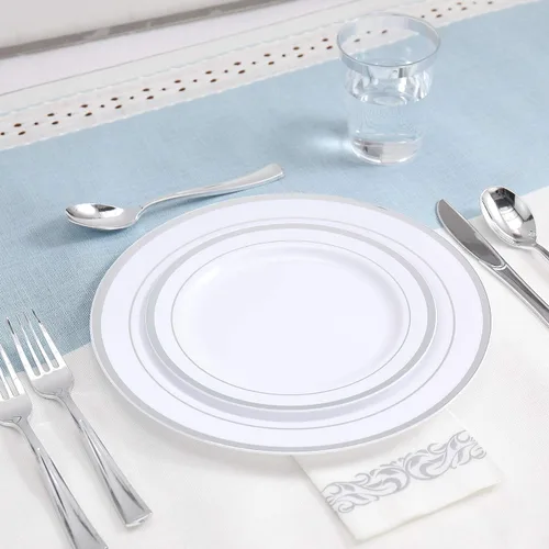 Miniatura 3 de FOCUSLINE Juego de vajilla plateada de 175 unidades para 25 invitados, platos de plástico desechables con borde plateado resistente, incluye 25