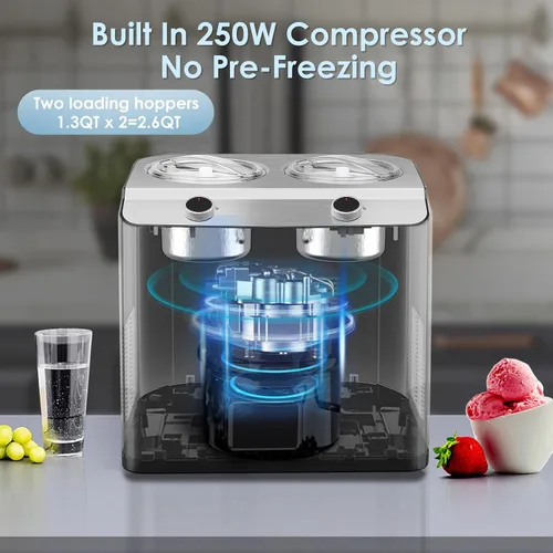 Miniatura 3 de Homtone Máquina de helados de 2 sabores, compresor automático de helados con 2 cuencos, 2.6 cuartos de galón (2 x 1.3 qt) de mayor capacidad