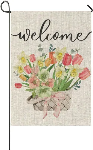 Miniatura 8 de Bandera floral de bienvenida de verano para jardín, primavera y verano, hojas de eucalipto, bandera grande de doble cara, flores de temporada