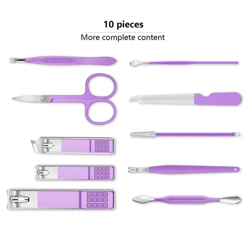 Miniatura 2 de Juego de manicura, mini cortaúñas de viaje, herramientas de cuidado de pedicura, 10 piezas de acero inoxidable (violeta)