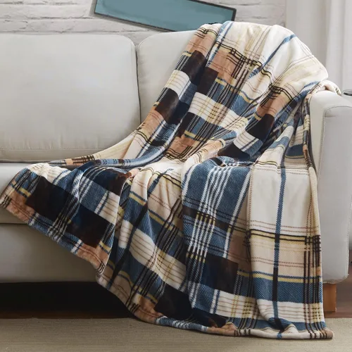 Tache Home Fashion - Manta de micro polar super suave para invierno, diseño tartán a cuadros, azul y marrón, estilo granja, ligera, de doble cara,