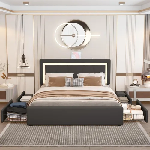 Miniatura 9 de Base de cama Queen con cabecera ajustable, plataforma tapizada con luces LED RGB, 4 cajones de almacenamiento y estación de carga (1 USB 1 tipo C)