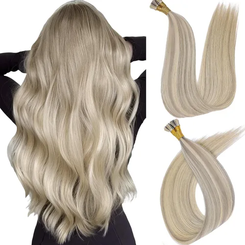 Extensiones de cabello humano con punta en I de 14 pulgadas #16/60, color rubio con reflejos dorados y marrón grisáceo mezclado, extensiones de
