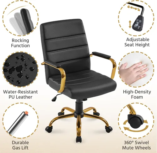 Miniatura 9 de Yaheetech Silla de Oficina de Respaldo Medio de Cuero PU Silla de Escritorio Ejecutiva Ajustable con Soporte Lumbar Patas Doradas Asiento Negro