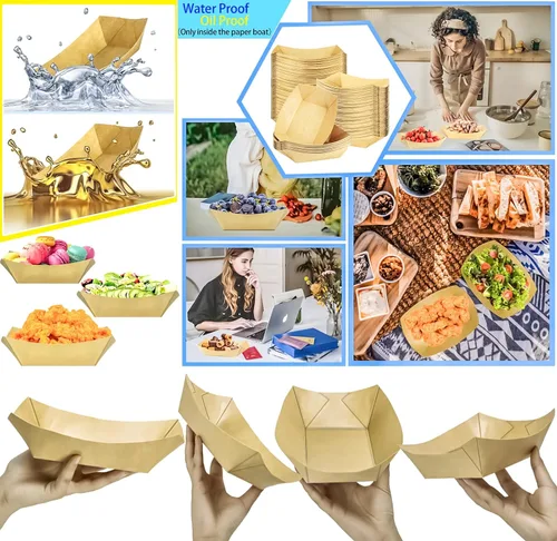 Miniatura 6 de Paquete de 50 bandejas de papel kraft de 2.5 libras, desechables, botes de comida de alta resistencia, bandeja para aperitivos, perritos calientes