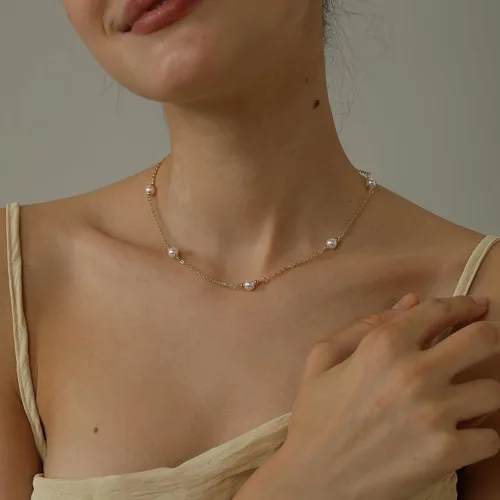 Miniatura 3 de Collares de perlas para mujer, gargantilla de perlas chapadas en oro de 14 quilates, collar de perlas de oro delicado, gargantilla de oro simple